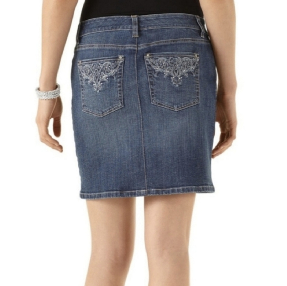 WHBM Jean Skirt Silver Studs & Crystals Embellished Embroidered Pockets Denim 8